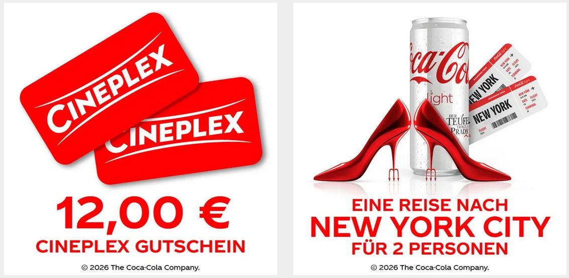 Coca-Cola - 1 x Reise nach New York für 2 Personen (Flüge ab/bis Frankfurt, Rail & Fly, Transfer, 6 Übernachtungen)| 2.000 x 1 Gutschein für Cineplex im Wert von 12€
