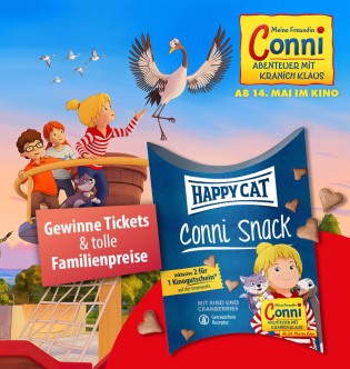 happycat - 20x Happy Cat Überraschungspakete mit Conni Sondersnack, 2 × 4 Premierenkarten für den Kinofilm „Conni“ am 10.05. in Hamburg