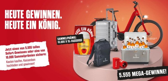 König Pilsener - 5× BOC-Gutschein im Wert von 3.000 €, 50× König Pilsener Kühlbox, 200× König Pilsener Koffer, 300× König Pilsener Rucksack,5.000× König Pilsener Push-Up Öffner