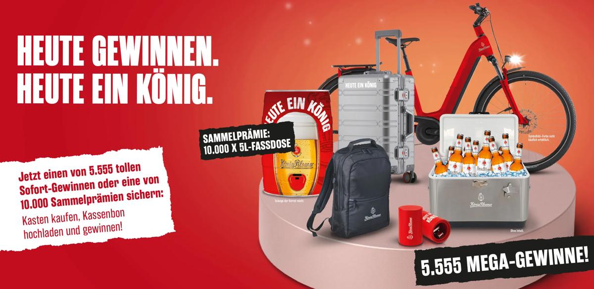 König Pilsener - 5× BOC-Gutschein im Wert von 3.000 €, 50× König Pilsener Kühlbox, 200× König Pilsener Koffer, 300× König Pilsener Rucksack,5.000× König Pilsener Push-Up Öffner