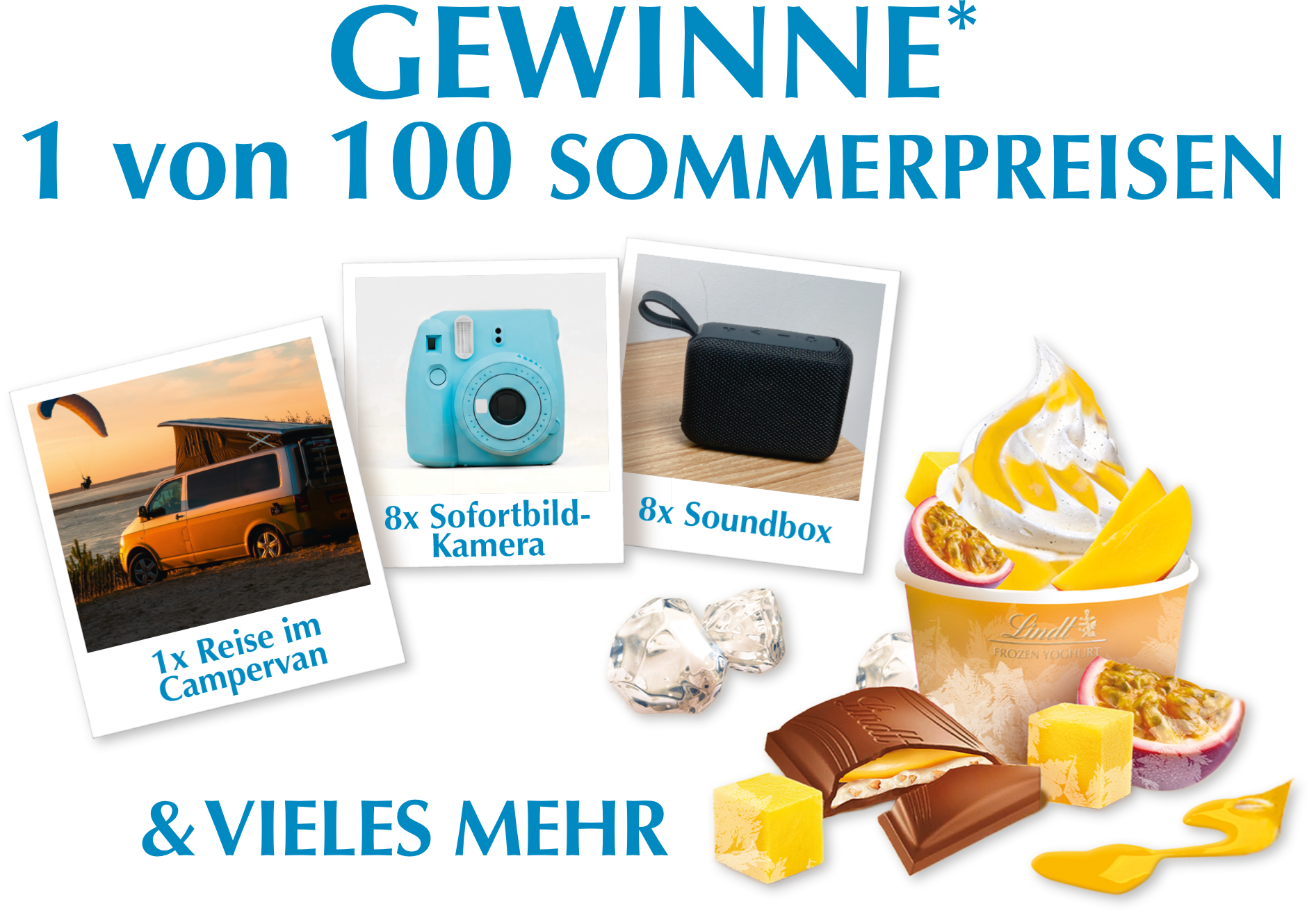 Lindt - 1x Reise im Campervan 8x Sofortbildkamera 8x Soundbox 83x Lindt Schokoladenpaket im Wert von jeweils 30€