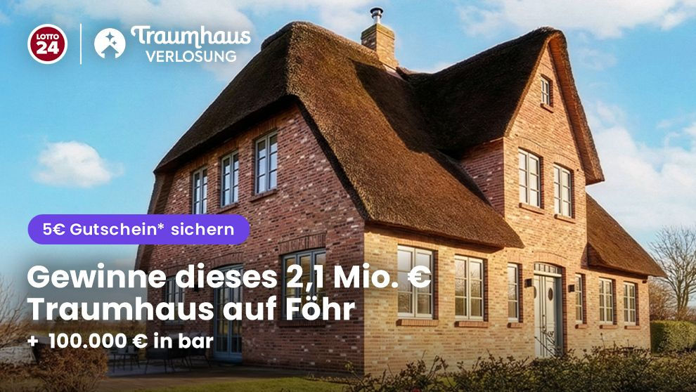 Lotto24: 2,1 Mio. € Traumhaus auf Föhr + 100.000 € Bonus - 16 Lose zum halben Preis
