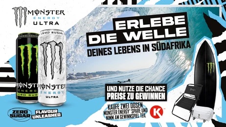 Monster Energy - Reise nach Südafrika f. 2 Pers. im Wert von 3.500 € im November 2026 inkl. Flug/Transfers, 4 ÜN/DZ, Surferlebnis + Mountainbike-Erlebnis mit einem Monster-Energy-Athleten, Surfbrett mit dem Markenlogo von Monster uvm.