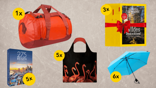 National Geographic - 1. Preis: Tatonka Barrel M, 2. - 4. Preis: Jahresabo von NATIONAL GEOGRAPHIC, 5.- 10. Preis: Ultraleichter Reise-Regenschirm, 11.- 15. Preis: Einkaufstasche 