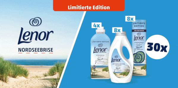 Penny - 30 x 1 Produktpaket der limitierten Edition "Nordseebrise" von Lenor (8x Waschmittel, 8x Wäscheparfüm, 4x Weichspüler)