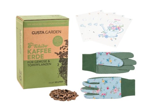 Servus - Gartenpaket mit geblümten Gartenhandschuhen, einer hübschen Glückwunschkarte mit Blumensamen und den Tchibo Garten-Erde Pellets