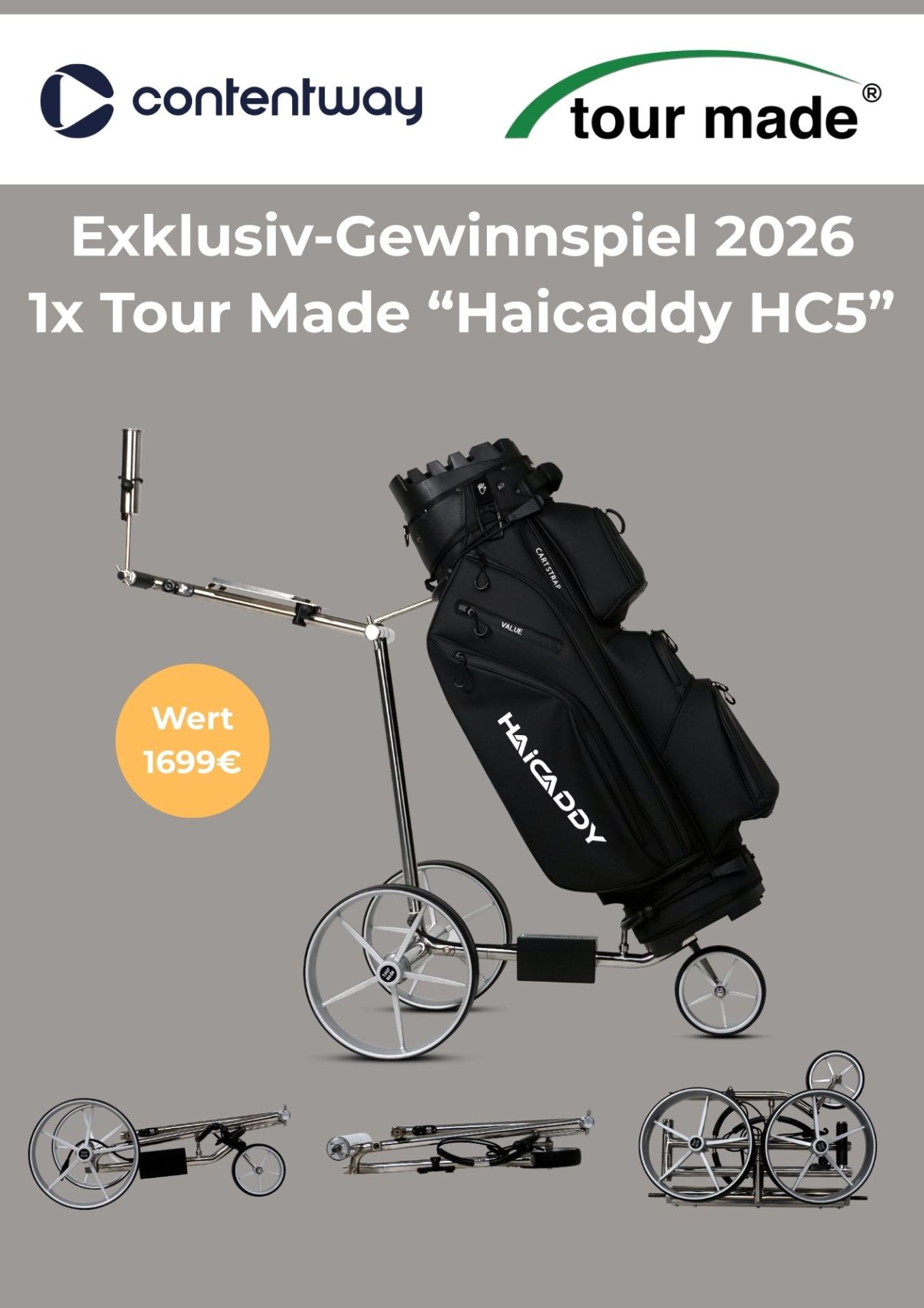 Tour Made - Golf E-Trolley (faltbar & zerlegbar) mit Rückwärtsgang aus Edelstahl im Wert von 1699 € und weitere Preise für Golfer