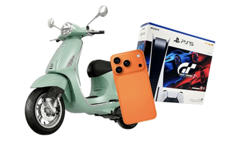 TüV Süd - Eine Vespa Primavera Elettrica 45, ein Phone 17 Pro, eine Playstation 5 mit Gran Tourismo 7