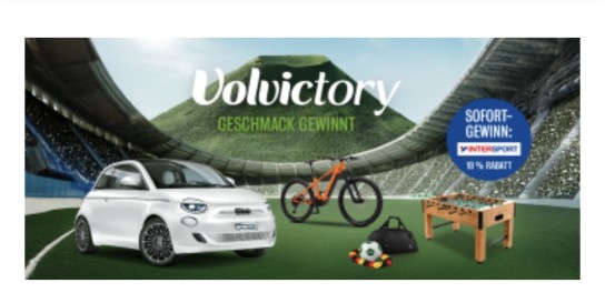 Volvic - 10x Fiat 500 Elektro LaPrima Cabrio im Wert von je ca. 52.990 €, 25x E-Bike-Gutschein im Wert von je 3.500 €, 100x Kühlbox von Polarbox Modell Olivgrün 20L im Wert von je ca. 40€, 50x Bluetooth Lautsprecher von JBL Modell Flip uvm.
