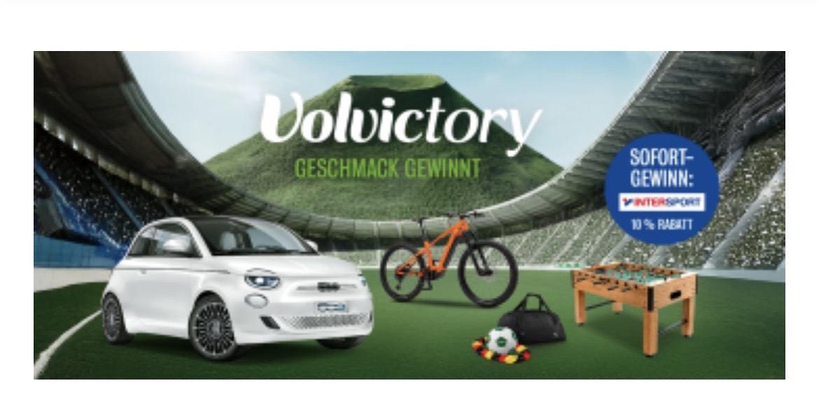 Volvic - 10x Fiat 500 Elektro LaPrima Cabrio im Wert von je ca. 52.990 €, 25x E-Bike-Gutschein im Wert von je 3.500 €, 100x Kühlbox von Polarbox Modell Olivgrün 20L im Wert von je ca. 40€, 50x Bluetooth Lautsprecher von JBL Modell Flip uvm.