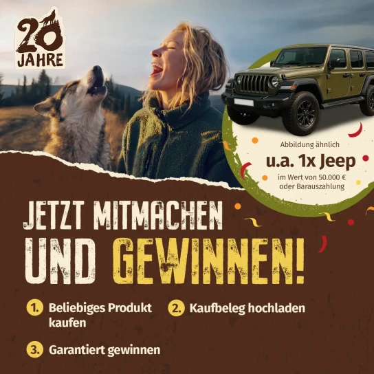 Wolfsblut - 1x Jeep im Wert von 50.000 €, 20x Urlaub mit Hund im Wert von je 5.000 €, 100x XL-Hundebett der Marke Rudelkönig, 1.000x Personalisiertes Hundehalsband mit Gravur