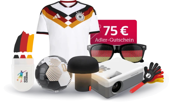 Adler - 1x Hauptpreis : Nationalmannschafts-Fußballtrikot (Replica) – Bestellland = Trikotauswahl Wettbewerbs-Fußball Kooduu Sensa Play tragbarer JBL-Lautsprecher mit Licht