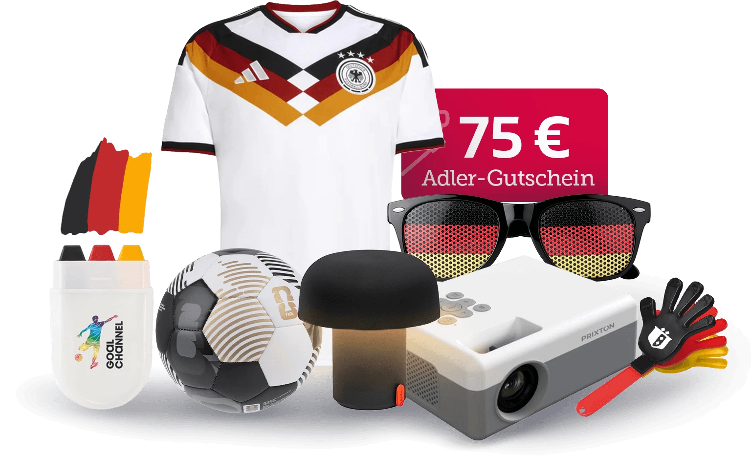 Adler - 1x Hauptpreis : Nationalmannschafts-Fußballtrikot (Replica) – Bestellland = Trikotauswahl Wettbewerbs-Fußball Kooduu Sensa Play tragbarer JBL-Lautsprecher mit Licht