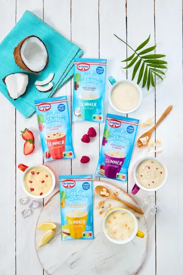 Dr.Oetker - 100 x Seelenwärmer Summer Edition in den 4 Geschmacksrichtungen Vanille-Geschmack & Erdbeere, Weiße Schokolade & Himbeere, Kokos-Geschmack mit Kokosflocken sowie Lemon Cheesecake Style mit Gebäckstückchen