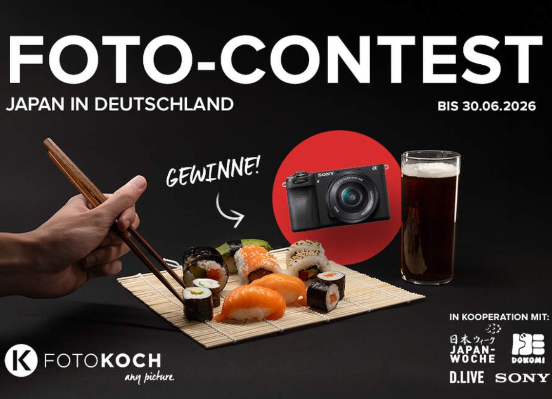 Fotokoch - Fotowettbewerb "Japan in Deutschland": je eine Sony Kamera (Alpha 6700 oder Cybershot DSC-RX100 VIIa), FOTOKOCH-Gutschein, Merchandise-Paket zum Japan-Tag Düsseldorf und Kopfhörer Sony WH-CH520