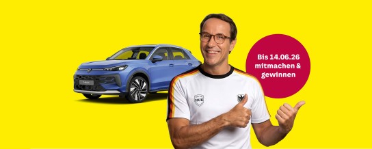 HUK - ein VW im Wert von bis zu 55.000, - €, 3 Wertgutscheine à 4.000, - €, 1.000 Pitstop-Gutscheine im Wert von 30,- €, 2.000 HUK-Fan-Trikots