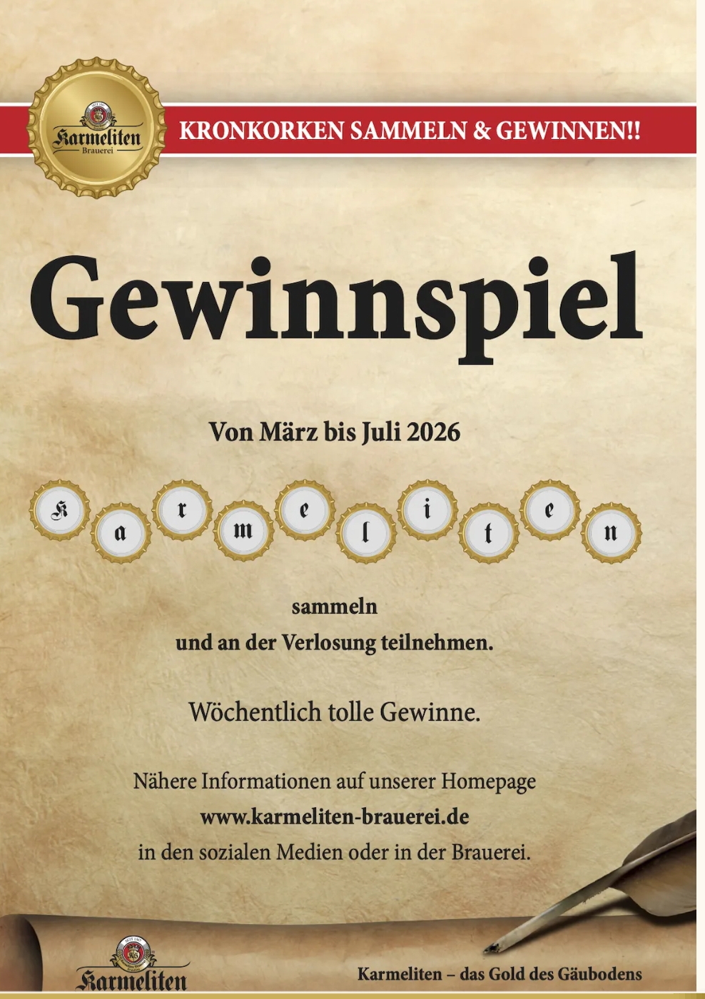 Karmeliten Brauerei - Wöchentliche Gewinne (werden bei Ziehung auf Social Media verkündet) z. B. Schmuck, Tickets,...