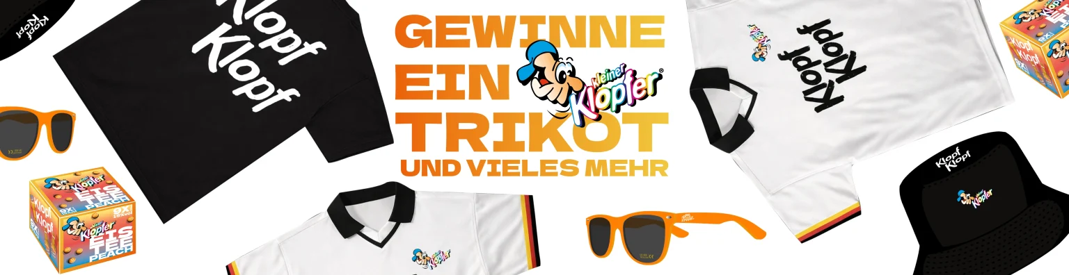 Kleiner Klopfer - 100x exklusives Kleiner Klopfer Deutschland-Trikot, 50x Kleiner Klopfer T-Shirt, 50x Kleiner Klopfer Sonnenhut, 50x Kleiner Klopfer Eistee Peach 9er-Pack + Sonnenbrille