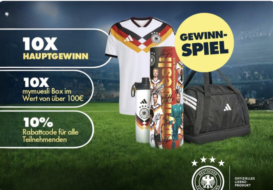 mymuesli - 10x exklusive Fan-Pakete: Signierte mymuesli-Dose, Trikot, Trainingstasche & Trinkflasche (Wert: 200€). 10x mymuesli Surprise Paket (Wert 100€)