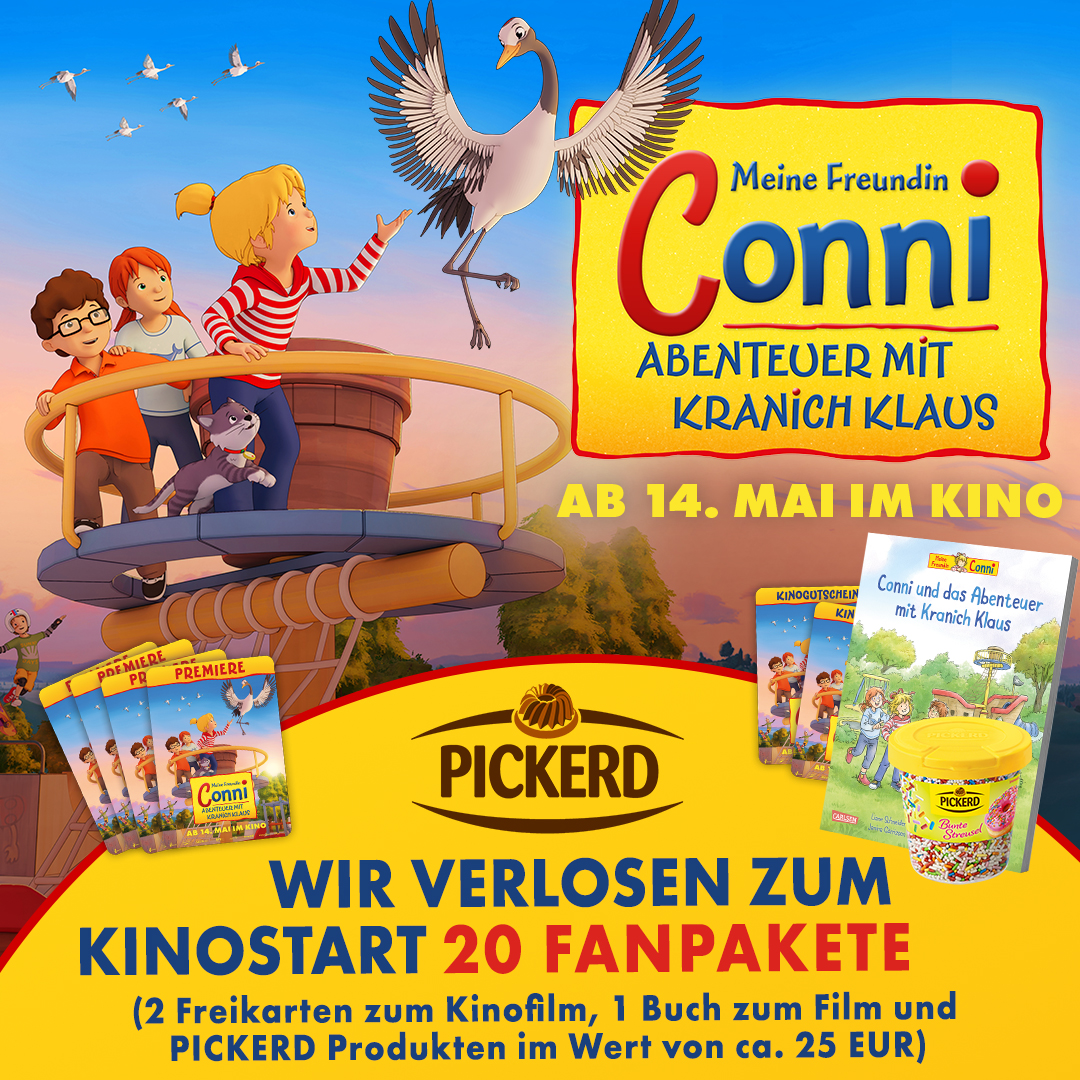 PICKERD - 20 Fanpaketen mit jeweils 2 Kinofreikarten „Meine Freundin Conni – Abenteuer mit Kranich Klaus“ und einem extra spannenden Buch zum Film. Zusätzlich enthält jedes Fanpaket viele tolle PICKERD-Artikel im Wert von 25 €