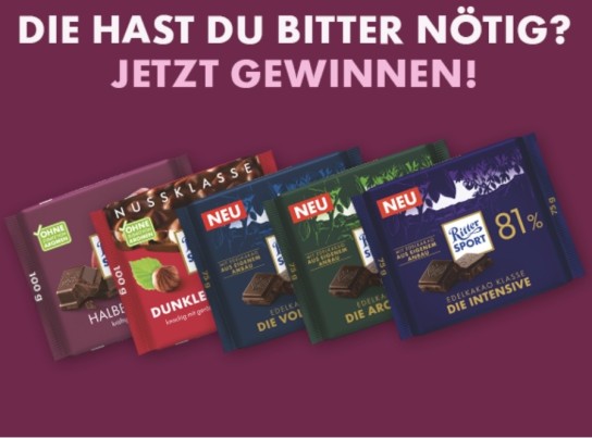 Ritter Sport - 5 Gewinnpakete : 2 x Ritter Sport 100g Halbbitter, 2 x Ritter Sport 100g Dunkle Voll-Nuss, 1 x Ritter Sport 75g Die Vollmundige 55%, 1 x Ritter Sport 75g Die Aromatische 74%, 1 x Ritter Sport 75g Die Intensive 81%