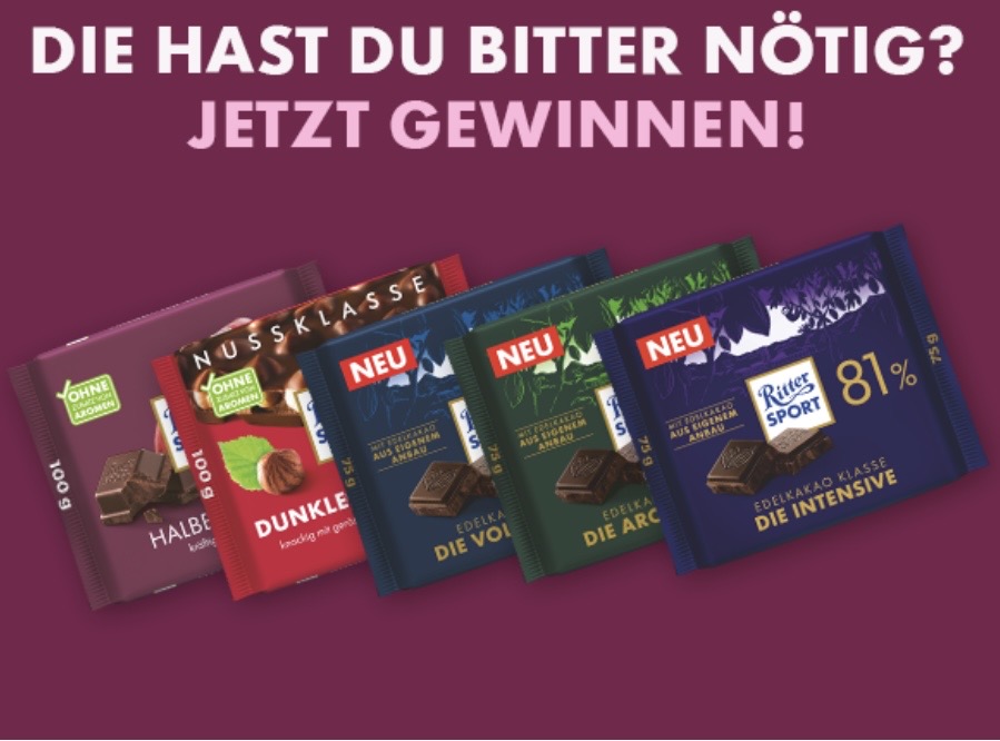 Ritter Sport - 5 Gewinnpakete : 2 x Ritter Sport 100g Halbbitter, 2 x Ritter Sport 100g Dunkle Voll-Nuss, 1 x Ritter Sport 75g Die Vollmundige 55%, 1 x Ritter Sport 75g Die Aromatische 74%, 1 x Ritter Sport 75g Die Intensive 81%