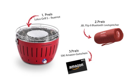 scheid gewürzkontor - Ein Tischgrill der Marke Lotus (Modell: Lotus Grill S - feuerrot), ein Bluetooth-Lautsprecher der Marke JBL (Modell: Flip 6, rot), ein 50 €-Gutschein von Amazon