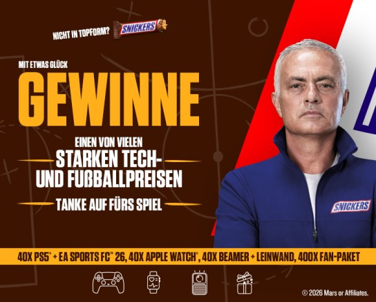 Snickers - 40x Apple Watch SE 3 , 40x Sony Playstation 5 Slim, 40x XIAOMI Smart Projektor L, 400x Fan Pakete: FitFlip Sporthandtuch 50 x 30cm und Derbystar Fußball
