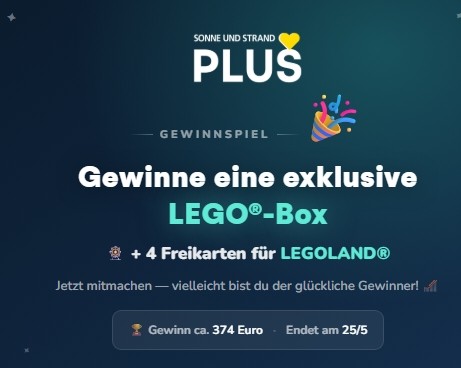 SONNE UND STRAND - Ein magischer Tag in LEGOLAND® mit strahlenden Kinderaugen, gefolgt von einer exklusiven LEGO® Box zum Staunen und Bauen zu Hause. Preise im Wert von über 375 €