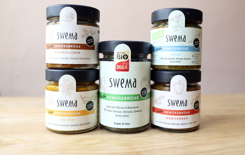 über bio - 3 Pakete mit je einem Glas Gewürzbrühe orientalisch, Gewürzbrühe indisch, Gewürzbrühe mediterran, Gemüsebrühe und Gemüsebrühe mild von SweMa