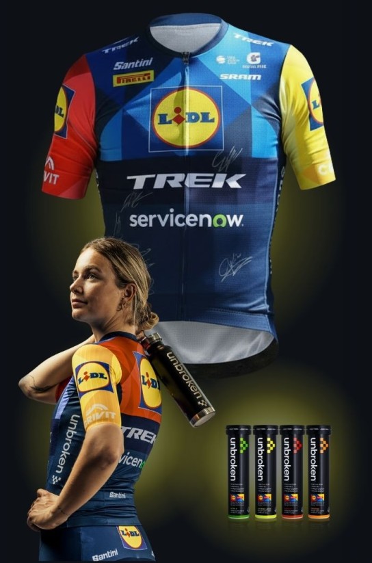 UNBROKEN RTR - offizielles Lidl-Trek-Trikot, signiert von den Fahrern, 4 Tubes Unbroken und 1 signierte Trinkflasche.