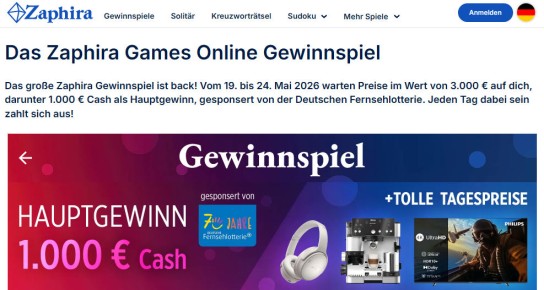 Zaphira Games: Gewinne 1.000 € Cash oder Tagespreise wie ein Smart TV, Nintendo Switch 2 und mehr im Gesamtwert von 3.000 €