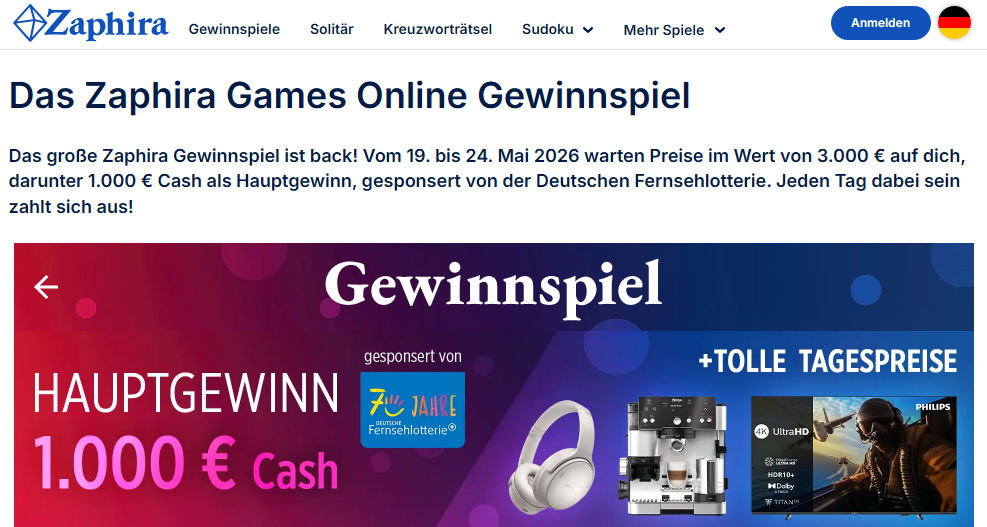 Zaphira Games: Gewinne 1.000 € Cash oder Tagespreise wie ein Smart TV, Nintendo Switch 2 und mehr im Gesamtwert von 3.000 €