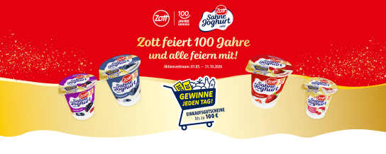 Zott - 6.808 x 10€ Händler-Gutschein und 552 x 100€ Händler-Gutschein (täglich 3 x 100€)