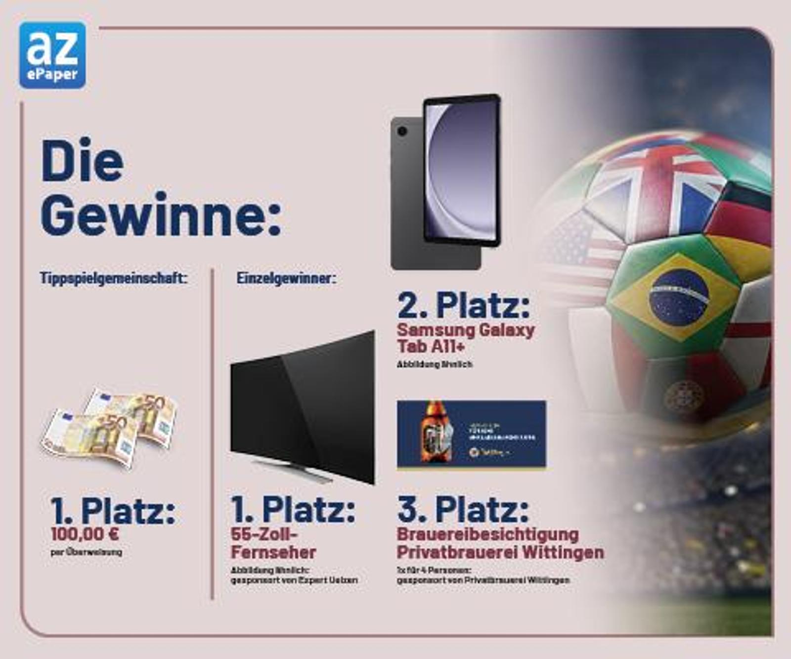 Allgemeine Zeitung - 55-Zoll-Fernseher, Samsung Galaxy Tab A11+, Brauereibesichtigung Privatbrauerei Wittingen — Tippgemeinschaft: 100 € Geldgewinn