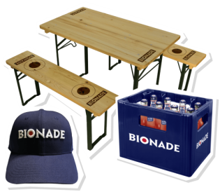 BIONADE - 1 von 20 Bionade-Cappies, 1 von 15 Bionade Probierpaketen, 1 von 2 Bionade Mini-Bierzeltgarnituren