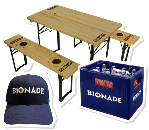 BIONADE - 1 von 20 Bionade-Cappies, 1 von 15 Bionade Probierpaketen, 1 von 2 Bionade Mini-Bierzeltgarnituren