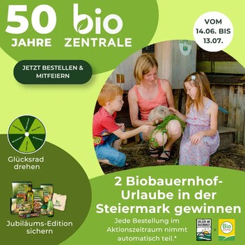 Biozentrale - Gewinn 1: Kurzurlaub in der Oststeiermark - 1 Familienurlaub für 3 Nächte für 2 Personen und 2 Kinder, Gewinn 2: Biohof-Auszeit am Ringlerhof - 1 Familienurlaub für 3 Nächte für 2 Personen und 2 Kinder