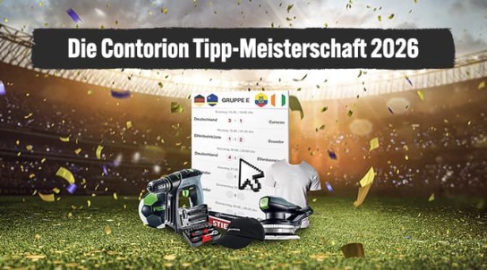 Contorion - 1. Platz: Festool Akku-Exzenterschleifer ETSC 2 150-Basic, 2. Platz: Festool Akku-Bohrschrauber CXS 18-Basic, 3. Platz: STIER Paket (inkl. T-Shirt, Zollstock und 36-teiligem Steckschlüssel-Satz) uvm