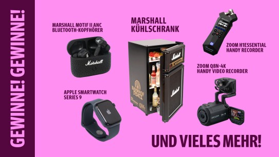 Deutsche Bahn - Marshall Kühlschrank • Marshall Motif II ANC Bluetooth-Kopfhörer • Apple Smartwatch Series 9 • Zoom H1Essential Handy Recorder • Zoom Q8N-4K Handy Video Recorder • Und vieles mehr