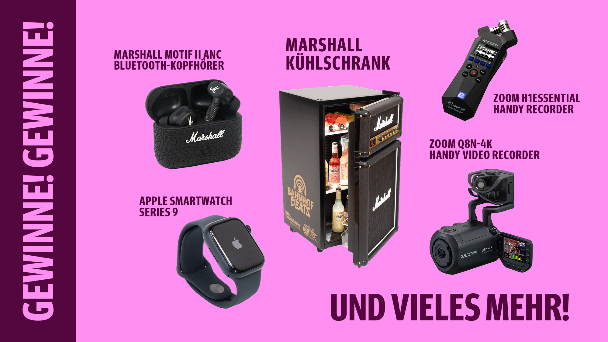 Deutsche Bahn - Marshall Kühlschrank • Marshall Motif II ANC Bluetooth-Kopfhörer • Apple Smartwatch Series 9 • Zoom H1Essential Handy Recorder • Zoom Q8N-4K Handy Video Recorder • Und vieles mehr