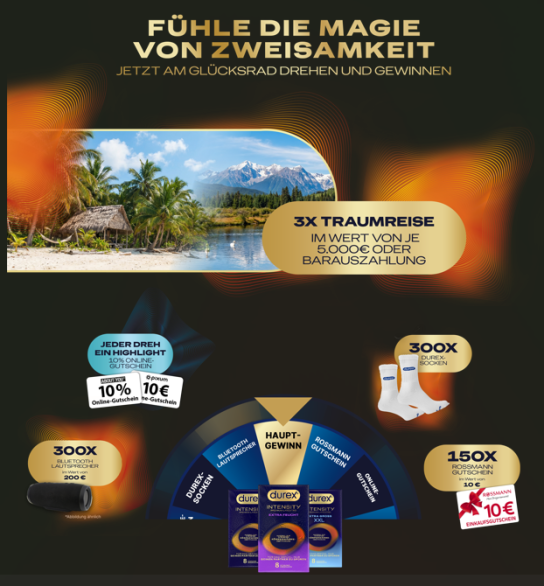 durex - 3x Traumreise im Wert von je 5.000€, 300x Bluetooth Lautsprecher im Wert von je 200€, 150x 10€ Rossmann Gutschein, 300x Durex Merchartikel