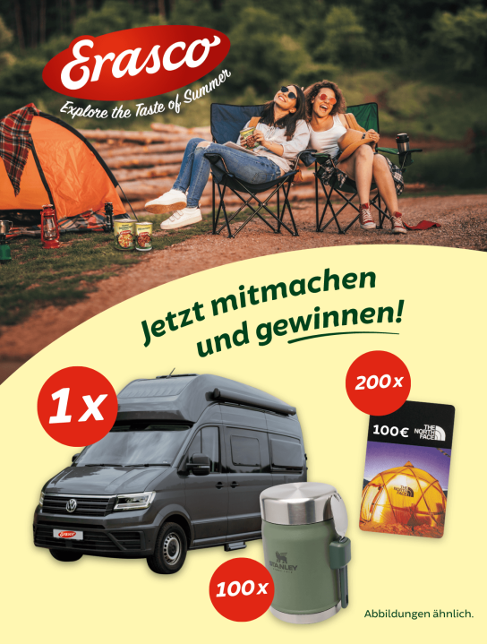 Erasco - 1x VW Grand California 600; 100x StanleyLunchpot; 200x 100€ Gutschein für The North Face