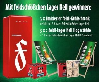 Feldschlößchen - 3x1 limitierter Feldi-Kühlschrank mit je 3 Kästen Lager Hell, 5x2 limitierte Feldschlößchen Lager Hell Liegestühle + 1Kasten Bier