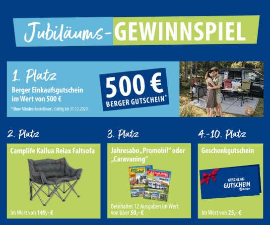 Fritz Berger - 1x 500€ Gutschein ( Fritz Berger), 1x Camplife Relaxe Faltsofa, 7x 25€ Gutschein, 3x Jahresabo Reisemobil Magazin