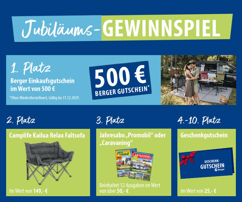 Fritz Berger - 1x 500€ Gutschein ( Fritz Berger), 1x Camplife Relaxe Faltsofa, 7x 25€ Gutschein, 3x Jahresabo Reisemobil Magazin