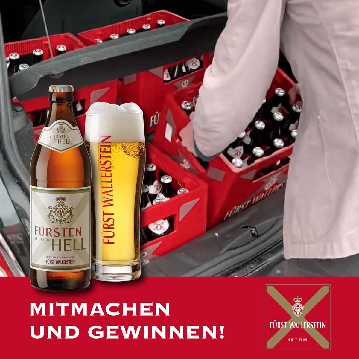Fürst Wallerstein Brauhaus - 16 x einen Kofferraum mit maximal 4 Kästen Fürsten Hell 0,5 l Freibier