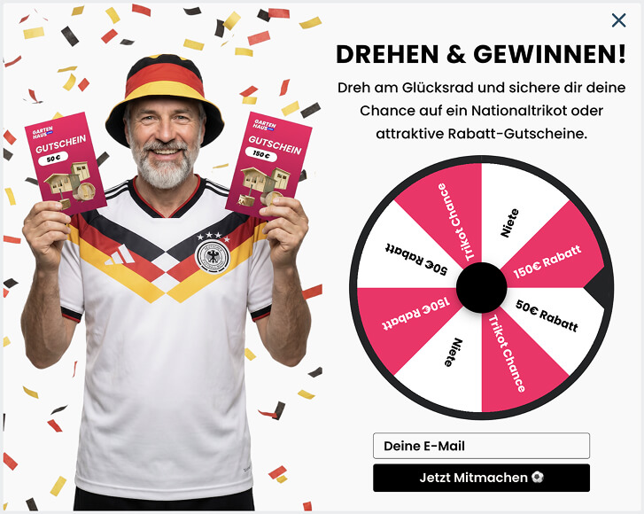 GartenHaus - 50 € Rabattgutschein, einlösbar ab einem Warenkorbwert von 2.500 €. 150 € Rabattgutschein, einlösbar ab einem Warenkorbwert von 2.500 €. ein Trikot der deutschen Fußball-Nationalmannschaft
