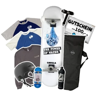 GORILLA - Skateboard-Set – das ist drin: Inpeddo x GORILLA „THE POWER OF WATER“ Skateboard Inpeddo Skatebag Inpeddo T-Tool TSG Evolution Helm Inpeddo Mr. Earth Sweater GORILLA Wasserflasche 100 € Blue Tomato Online-Gutschein