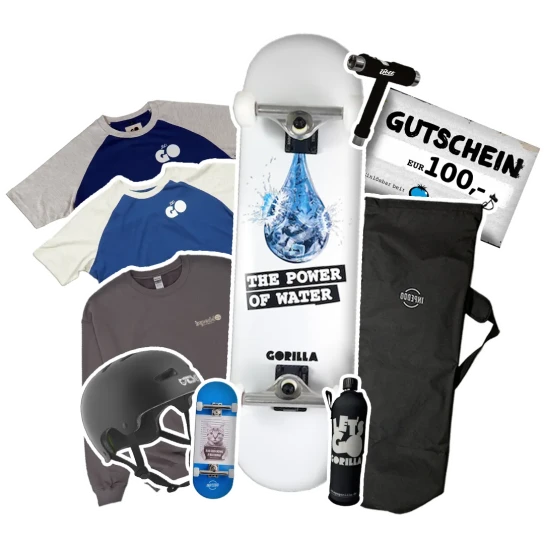 GORILLA - Skateboard-Set – das ist drin: Inpeddo x GORILLA „THE POWER OF WATER“ Skateboard Inpeddo Skatebag Inpeddo T-Tool TSG Evolution Helm Inpeddo Mr. Earth Sweater GORILLA Wasserflasche 100 € Blue Tomato Online-Gutschein